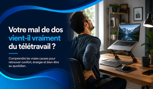 Homme en télétravail tenant sa nuque et le bas de son dos devant un poste informatique, illustrant les causes possibles du mal de dos à domicile.