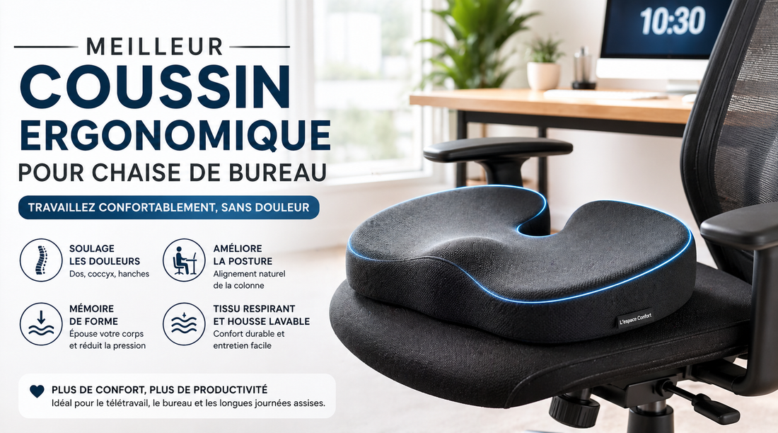 meilleur Coussin ergonomique pour chaise de bureau en mousse à mémoire de forme installé sur une chaise de bureau moderne, espace de travail confortable et posture améliorée.