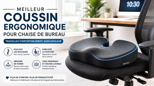 meilleur Coussin ergonomique pour chaise de bureau en mousse à mémoire de forme installé sur une chaise de bureau moderne, espace de travail confortable et posture améliorée.