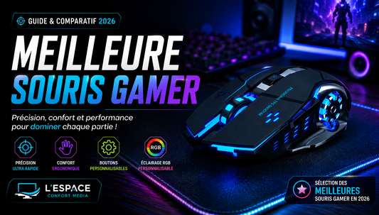Souris gamer RGB futuriste avec éclairage LED bleu et violet sur bureau gaming moderne, présentée dans un guide comparatif des meilleures souris gamer 2026.