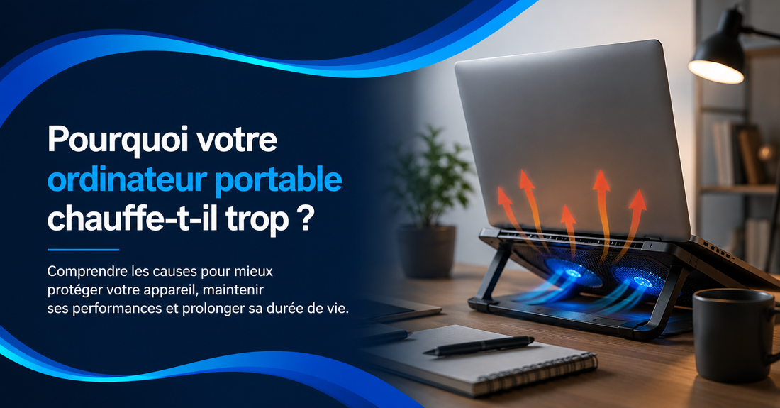 Ordinateur portable surélevé pour favoriser la circulation de l’air, illustrant les causes possibles d’une surchauffe et les problèmes de refroidissement. 