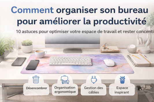bureau organisé avec tapis de bureau souris clavier et accessoires ergonomiques pour optimiser la productivité