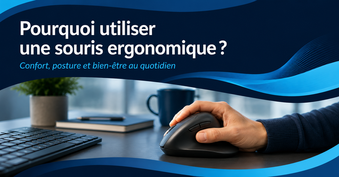 Main utilisant une souris ergonomique verticale sur un bureau moderne, illustrant ses effets sur le confort, la posture et le bien-être au quotidien.