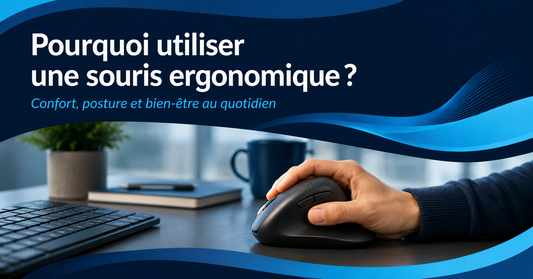 Main utilisant une souris ergonomique verticale sur un bureau moderne, illustrant ses effets sur le confort, la posture et le bien-être au quotidien.