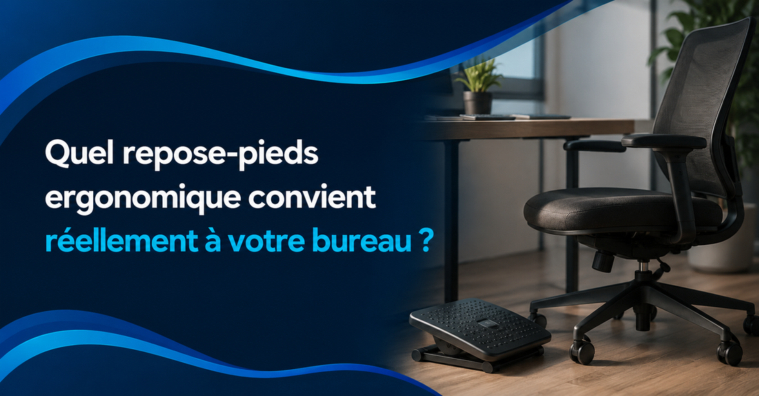 Repose-pieds ergonomique inclinable placé sous un bureau moderne, illustrant le choix d’un appui adapté au siège et à la posture.