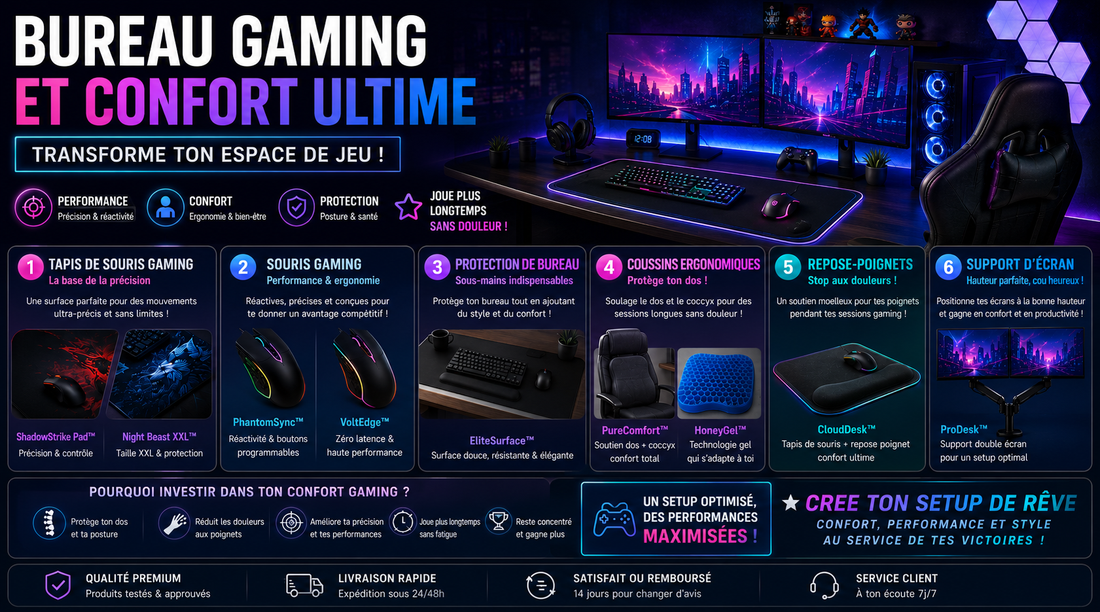 bureau gaming et confort ultime présentant un setup gamer ergonomique avec double écran RGB, tapis de souris XXL, souris gaming, coussin ergonomique, repose-poignet et support d’écran pour améliorer le confort, la posture et les performances de jeu.