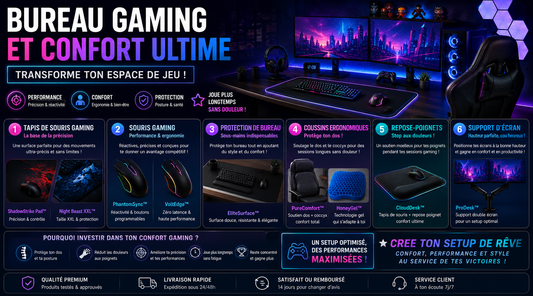 bureau gaming et confort ultime présentant un setup gamer ergonomique avec double écran RGB, tapis de souris XXL, souris gaming, coussin ergonomique, repose-poignet et support d’écran pour améliorer le confort, la posture et les performances de jeu.