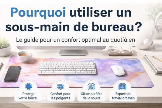 sous-main de bureau ergonomique XXL sur bureau moderne avec souris clavier et accessoires pour améliorer le confort et la productivité