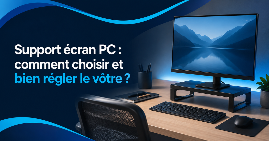 Écran d’ordinateur surélevé par un support sur un bureau moderne, illustrant le choix et le réglage d’un support écran PC.