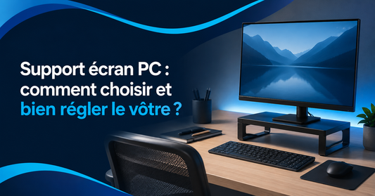 Écran d’ordinateur surélevé par un support sur un bureau moderne, illustrant le choix et le réglage d’un support écran PC.