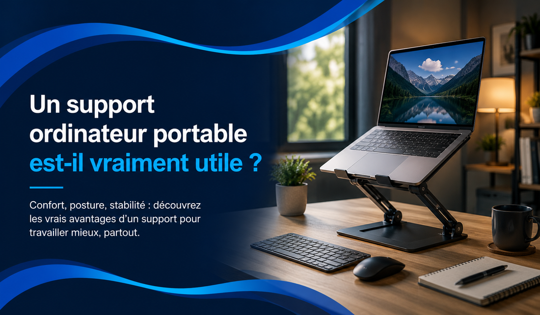 Ordinateur portable surélevé sur un support réglable avec clavier et souris, illustrant son utilité pour améliorer la stabilité, la posture et le confort du poste.