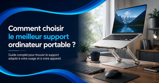 Ordinateur portable installé sur un support réglable avec clavier et souris, illustrant le choix d’un support adapté à l’usage et au poste de travail.