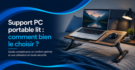 Ordinateur portable posé sur un support stable au-dessus d’un lit, illustrant le choix d’un modèle adapté au confort et à un usage ponctuel.
