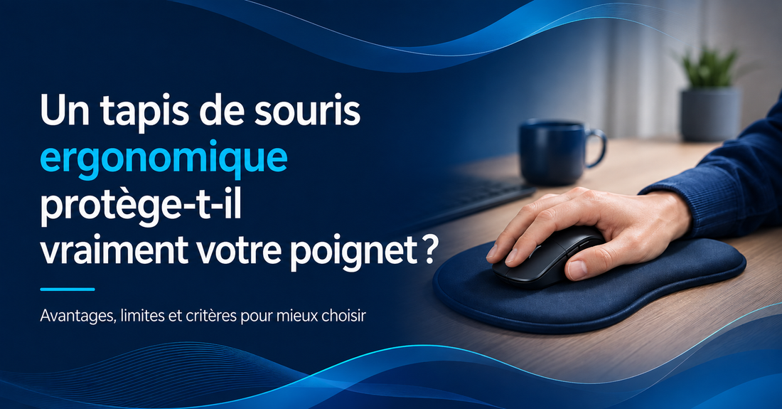 Main utilisant une souris sur un tapis de souris ergonomique avec repose-poignet, illustrant la protection et le confort du poignet au bureau.