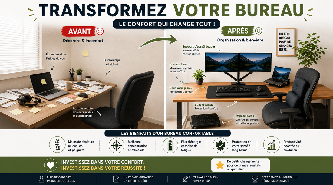 Infographie avant après bureau ergonomique montrant un espace de travail désordonné transformé en bureau organisé avec support d’écran double, sous-main, repose-pieds et chaise confortable pour améliorer posture, confort et productivité.