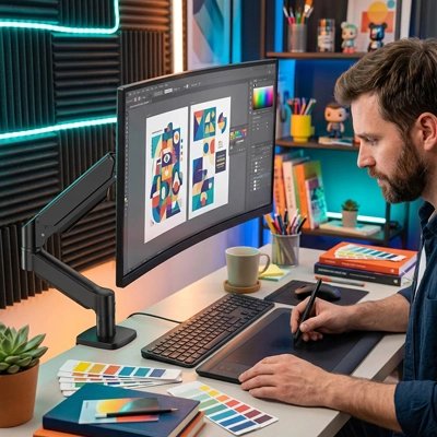  Graphiste travaillant sur un écran fixé à un Bras d'écran articulé ergonomique dans un bureau moderne. Le bras d'écran permet un positionnement optimal du moniteur, libère de l'espace sur le bureau et améliore le confort pour les tâches de création graphique et le télétravail.