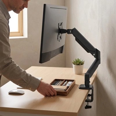 Bras d'écran pour écran d'ordinateur fixé au bureau, permettant de libérer l'espace de travail. Une personne range des fournitures de bureau sous l'écran, illustrant un poste de travail ergonomique, organisé et confortable.