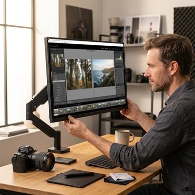  Personne en travaillant sur un bureau ergonomique avec un écran fixé sur un Bras d'écran articulé. Le poste de travail est propre et organisé, offrant une meilleure posture, plus d'espace sur le bureau et un confort optimal pour le télétravail.