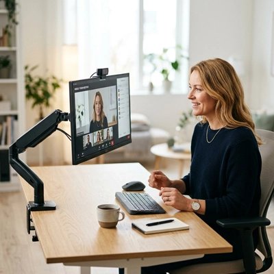  Personne en visioconférence travaillant sur un bureau ergonomique avec un écran fixé sur un Bras d'écran articulé. Le poste de travail est propre et organisé, offrant une meilleure posture, plus d'espace sur le bureau et un confort optimal pour le télétravail.