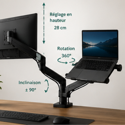 Réglage en hauteur d'un bras d'écran double avec support pour ordinateur portable sur un bureau ergonomique.