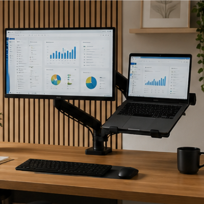 Poste de travail ergonomique avec bras d'écran double et ordinateur portable dans un bureau professionnel.