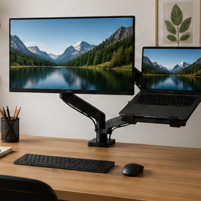 Bureau ergonomique parfaitement organisé avec bras d'écran double et ordinateur portable.