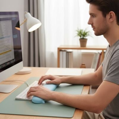Clavier repose poignet bleu avec homme sur son ordinateur