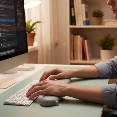 Clavier repose poignet gris avec  deux main dessu clavier