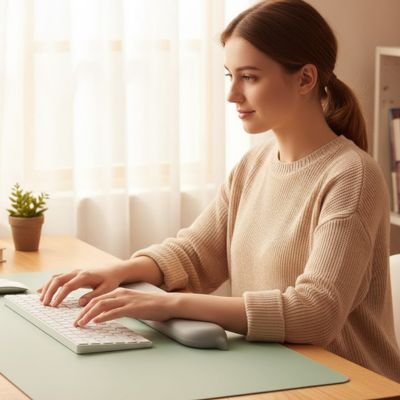 Clavier repose poignet gis avec femme a son bureau 