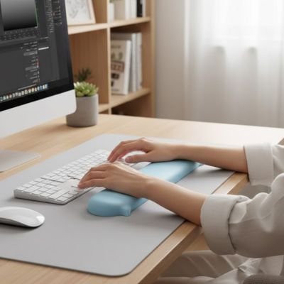 Clavier repose poignet bleu sur bureau avec mains dessu