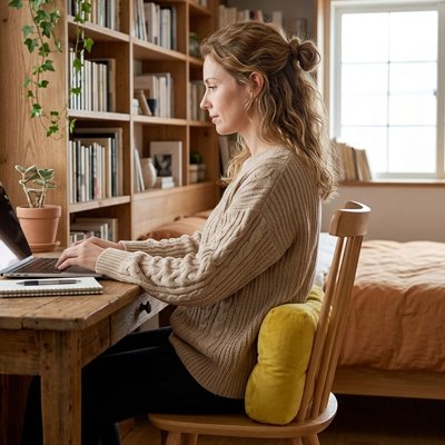 Coussin de dossier | SmartSupport™ jaune sur chaise femme assise devant son ordinateur