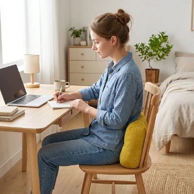 Coussin de dossier | SmartSupport™ jaune avec femme assise sur chaise avec le coussin dans le dos
