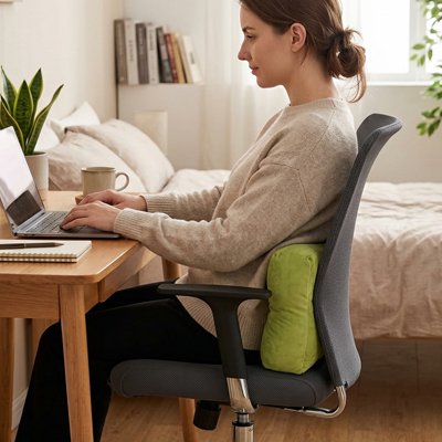 Coussin de dossier | SmartSupport™ vert dans le dos d'une femme assise sur chaise de bureau