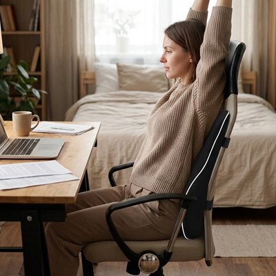 Coussin pour lombaires | DorsalPro™  sur chaise de bureau avec femme devant son ordinateur