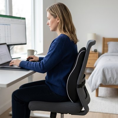 Coussin pour lombaires | DorsalPro™ sur chise grise femme a son bureau