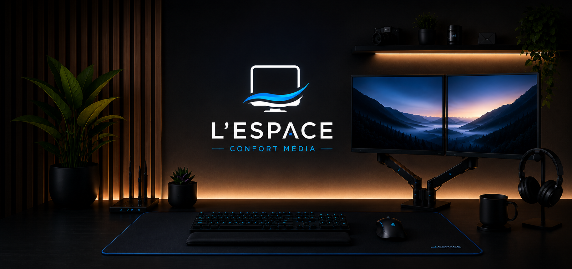 Logo L’Espace Confort Média sur une bannière bureau moderne avec support double écran, tapis de souris XXL et ambiance premium ergonomique.