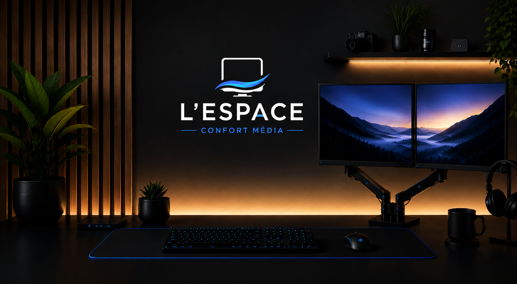 Bureau ergonomique moderne avec support double écran, accessoires de bureau ergonomiques et logo de L'Espace Confort Média, illustrant un Espace Confort conçu pour améliorer la posture, le bien-être et le confort au travail.