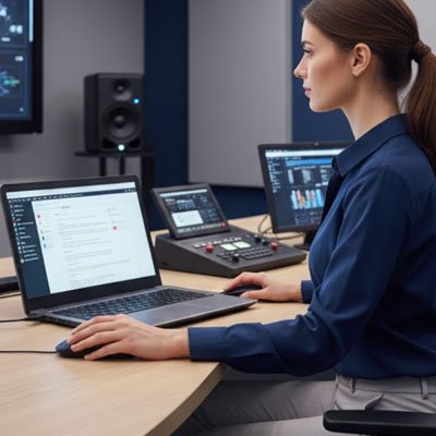 Mini souris filaire | CompactClick™ femme devant son bureau utilise la souris main gauche
