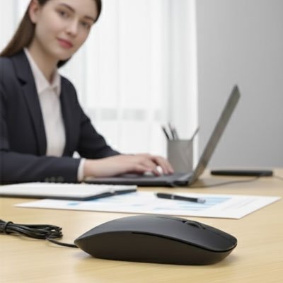 Mini souris filaire | CompactClick™ vue de profil sur bureau
