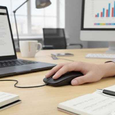 Mini souris filaire | CompactClick™ sur bureau de bois main droite