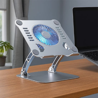 Refroidisseur PC portable ergonomique en aluminium avec ventilateur central LED bleu intégré. Support réglable en hauteur conçu pour améliorer la ventilation de l'ordinateur portable, réduire la surchauffe et offrir une posture de travail plus confortable.