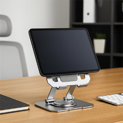 Porte tablette ergonomique en aluminium avec hauteur et inclinaison réglables, idéal pour améliorer le confort et la posture sur un bureau moderne.