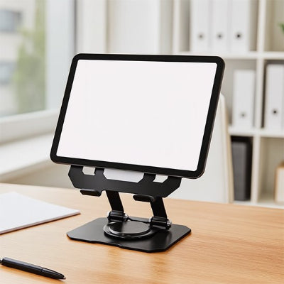 Porte tablette ergonomique réglable en métal noir, idéal pour maintenir une tablette à la bonne hauteur sur un bureau de travail ou en télétravail.