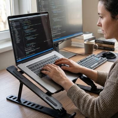 Refroidisseur pc portable sur bureau femme tappe sur portable