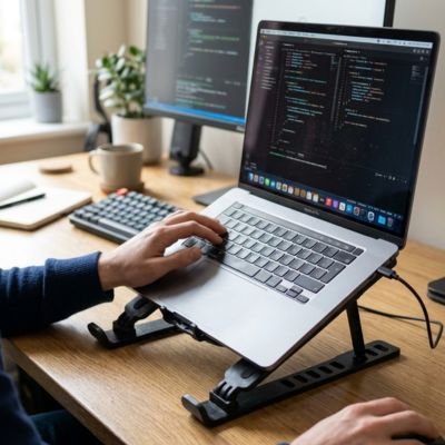 Refroidisseur pc portable sur bureau de bois main sur pc