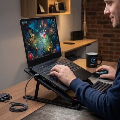 Refroidisseur pc portable homme devant son ordinateur