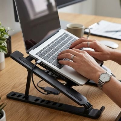 Refroidisseur pc portable pose sur un bureau de bois