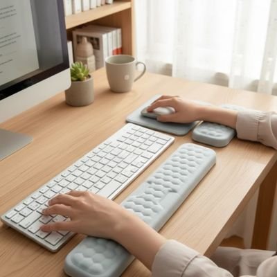 Repose poignet Ergonomique | MassageFlow blanc sur bureau de bois