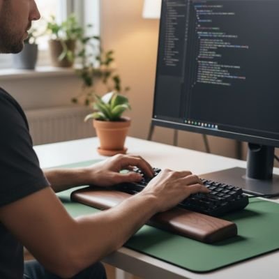 Repose poignet sur bureau avec homme devant son clavier
