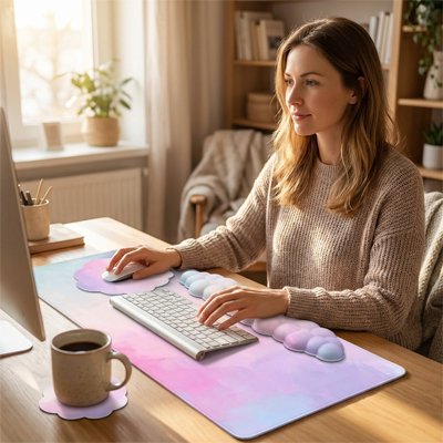 Repose poignet Nuage | CloudKit™ nuance de rose sur bureau de bois